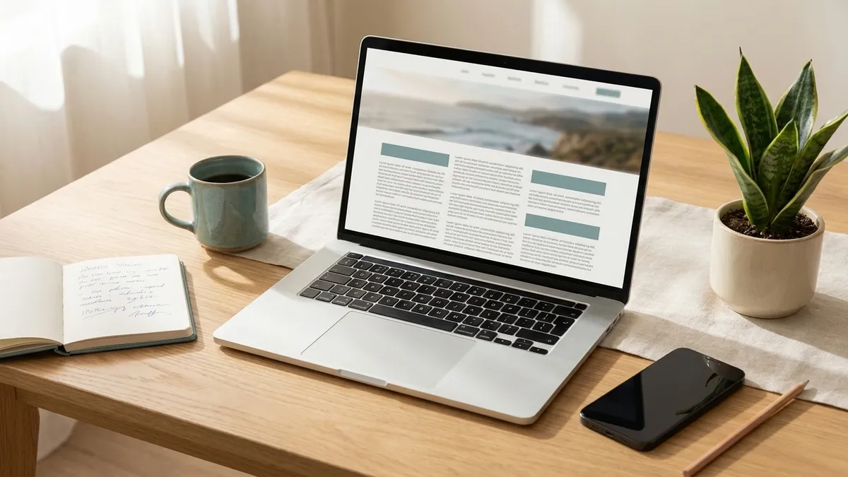 A finished affiliate site displayed on a laptop in a calm editorial workspace with notebook, coffee, and a small plant